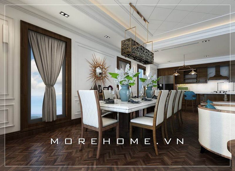 Mẫu bàn ăn gỗ hiện đại, sang trọng với tone màu trắng ấn tượng cho phòng ăn chung cư
